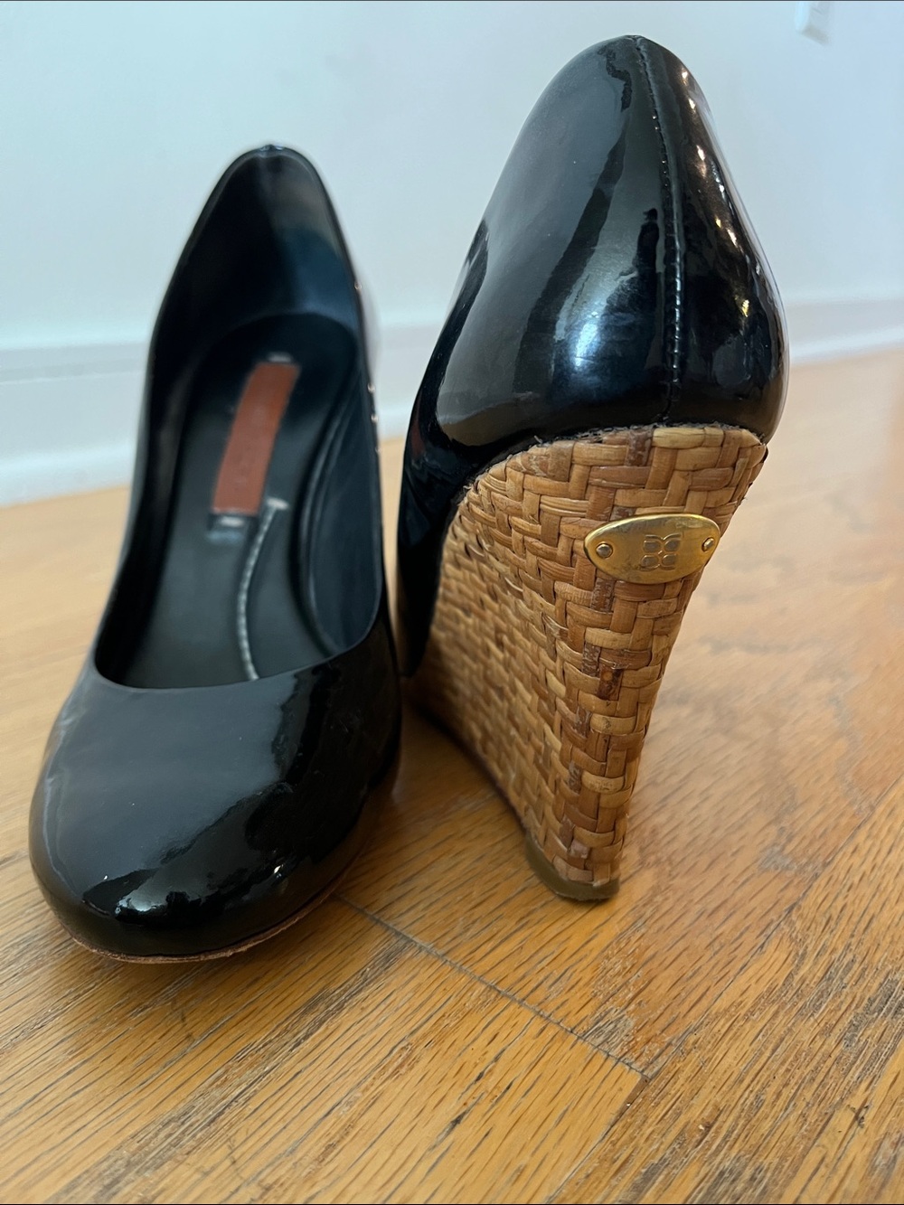 BCBG Black Patent Wedge Pumps with Woven Heel